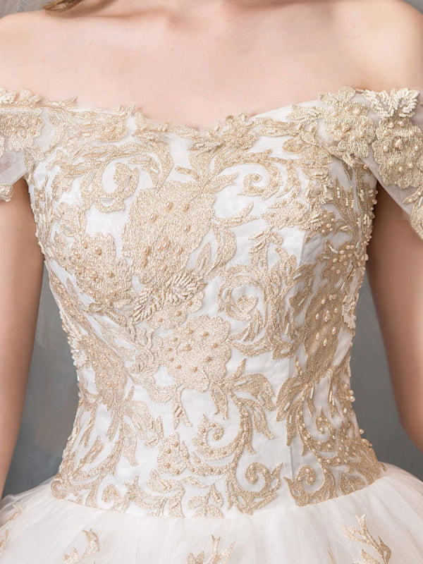 Lace Appliqued Ball Gown Wedding Dresses Off Shoulder Bridal Dress