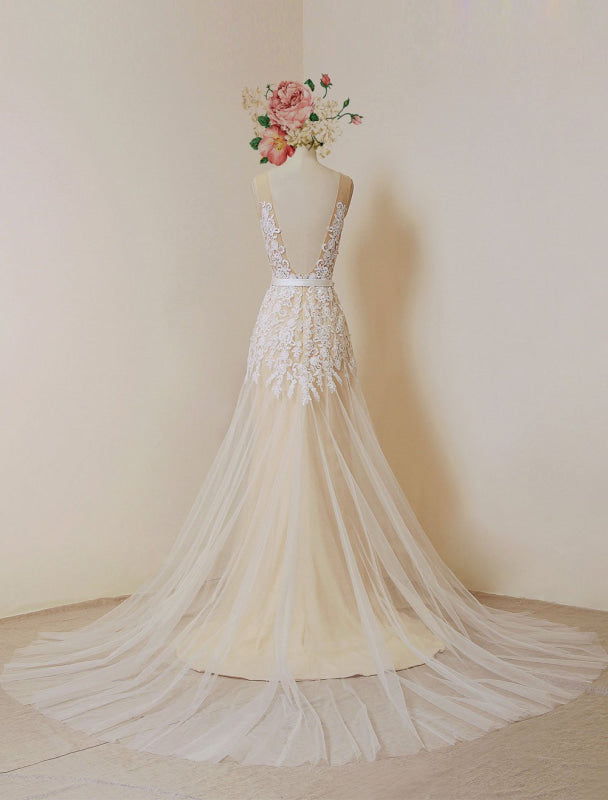 Lace Boho Wedding Dress fleshcolor Tulle Bridal Gown Backless A-Line Court Train Beach Wedding Dress With Detachable Satin Sash