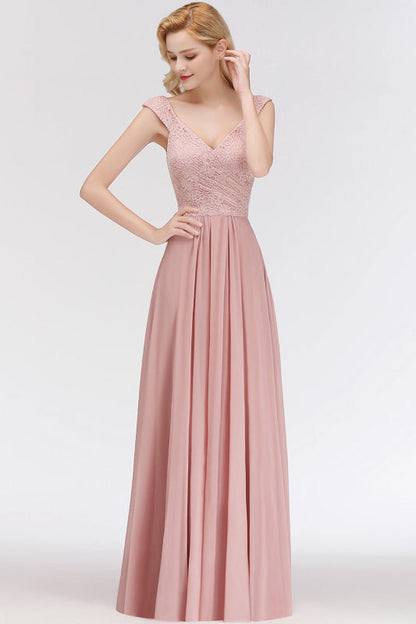 Lace Chiffon A-line Modest Dusty Pink Bridesmaid Dress