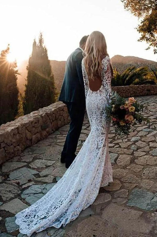 Bohemian Lace Wedding Dress with Long Sleeves Backless Boho Bridal Gown