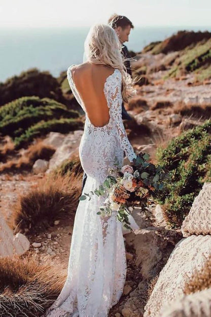 Bohemian Lace Wedding Dress with Long Sleeves Backless Boho Bridal Gown