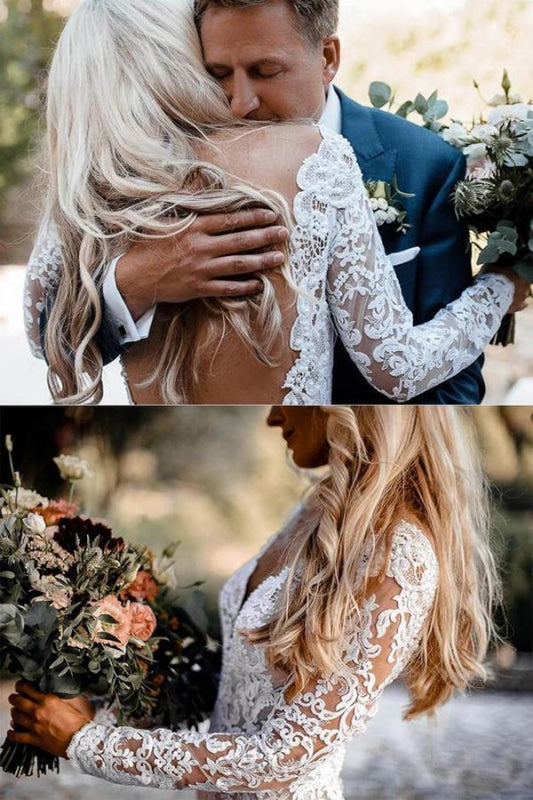 Bohemian Lace Wedding Dress with Long Sleeves Backless Boho Bridal Gown