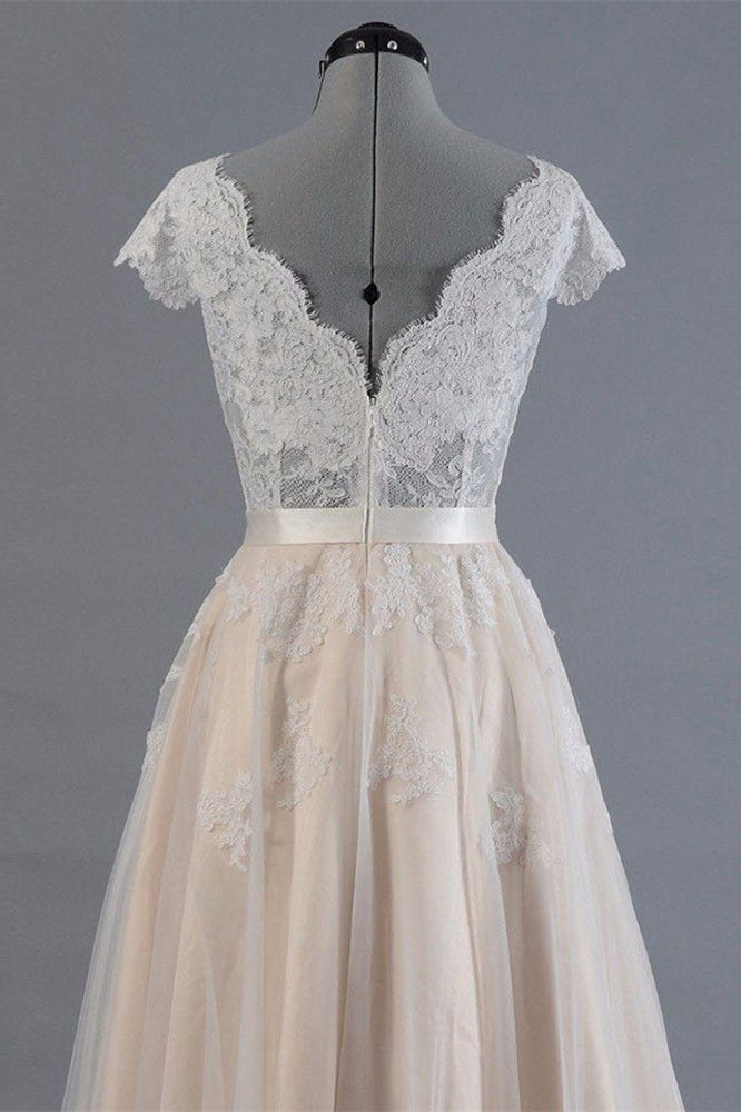 Lace Long Wedding Dress with Short Sleeves