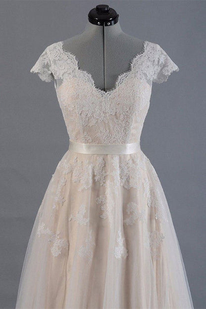 Lace Long Wedding Dress with Short Sleeves