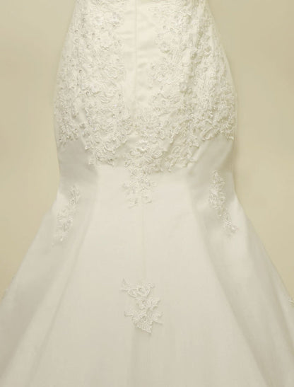 Lace Mermaid Wedding Dress Illusion Chaple Train Ivory Beading Bridal Gown