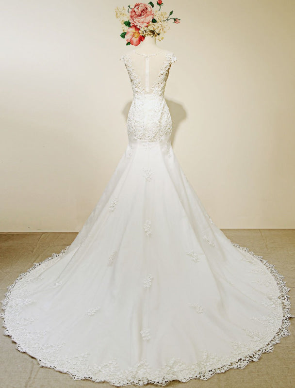 Lace Mermaid Wedding Dress Illusion Chaple Train Ivory Beading Bridal Gown