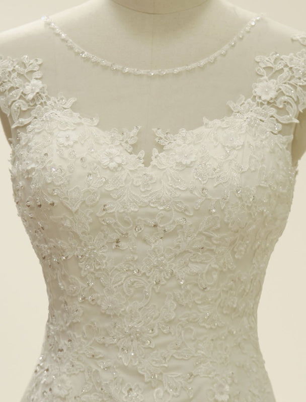 Lace Mermaid Wedding Dress Illusion Chaple Train Ivory Beading Bridal Gown