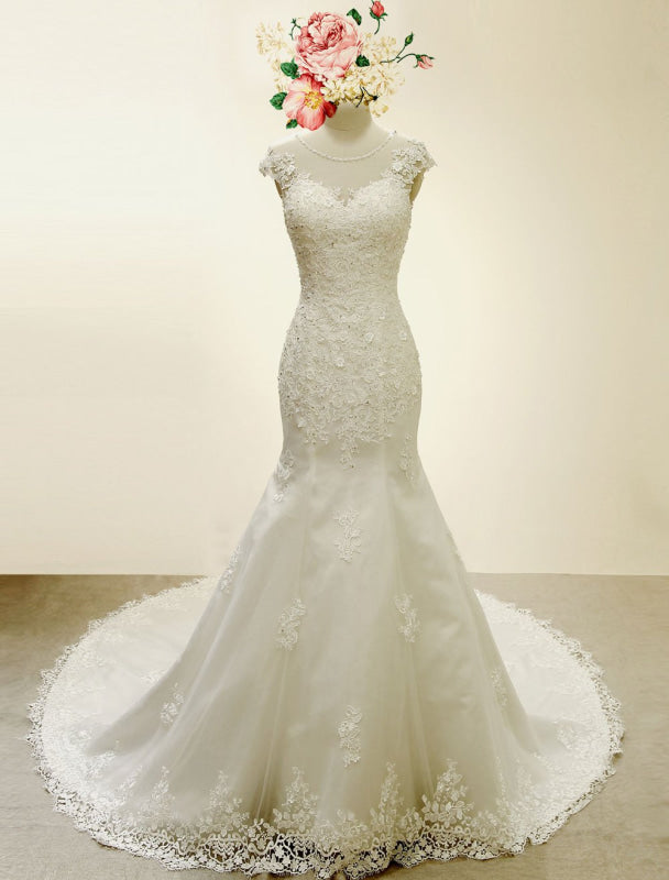 Lace Mermaid Wedding Dress Illusion Chaple Train Ivory Beading Bridal Gown