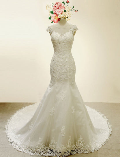 Lace Mermaid Wedding Dress Illusion Chaple Train Ivory Beading Bridal Gown