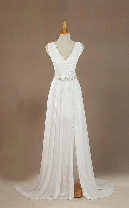 V-Neck Chiffon Beading High Slit Weddig Dress with Low-V Back