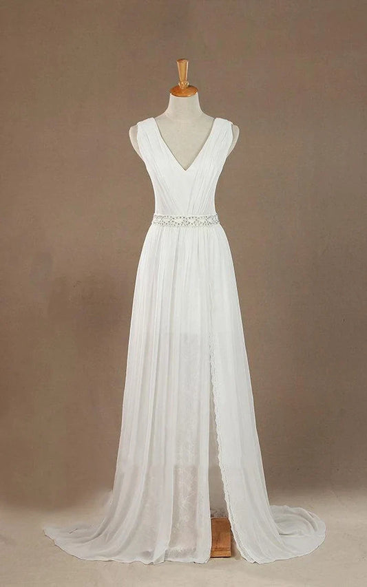V-Neck Chiffon Beading High Slit Weddig Dress with Low-V Back