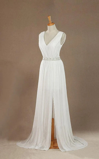 V-Neck Chiffon Beading High Slit Weddig Dress with Low-V Back