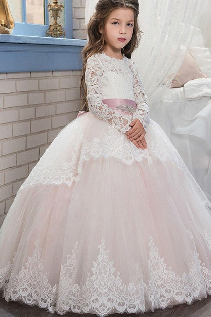 Lace-Trimmed Purple Ball Gown for Girls with Long Sleeves & Scoop Neck