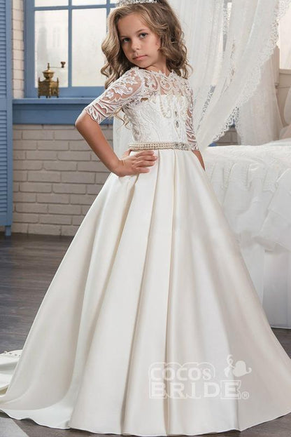 Lace Trumpet Flower Girls Dress with 1/2 Sleeves White Scoop Neck