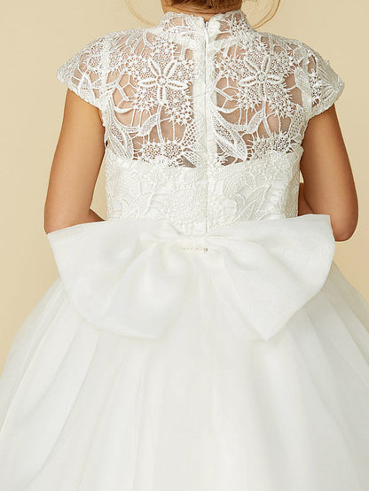 Lace Tulle Ball Gown with Short Sleeve High Neck & Sash Ribbon Bow for Flower Girl Dress