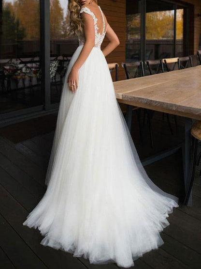 Lace Tulle Beach Bridal Gowns  Short Sleeve Boho Wedding Dresses Illusion Neck