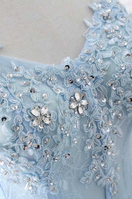 Lace-up Appliques Tulle Long A-line Prom Dress Sky Blue Evening Dress