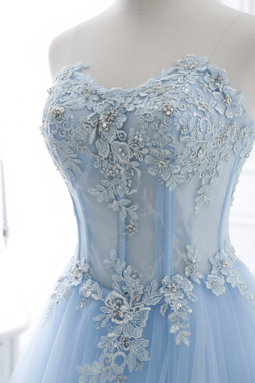 Lace-up Appliques Tulle Long A-line Prom Dress Sky Blue Evening Dress