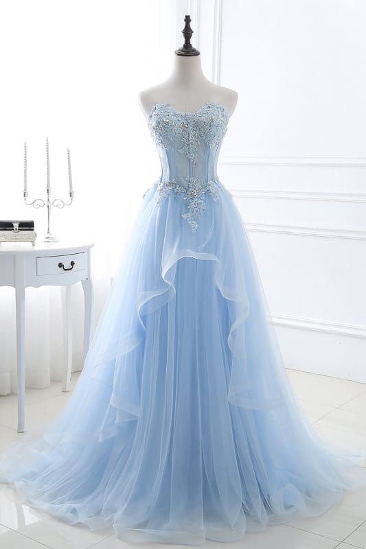 Lace-up Appliques Tulle Long A-line Prom Dress Sky Blue Evening Dress