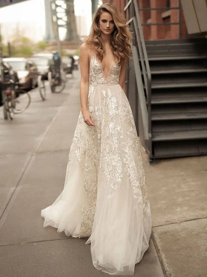 Lace Wedding Dress A Line Sleeveless V Neck Bridal Dresses