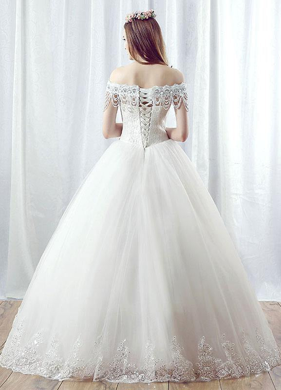Lace Wedding Dress Ball Gown Maxi Bridal Dress Off The Shoulder Backless Beading Tiered Chains White Princess Bridal Gown
