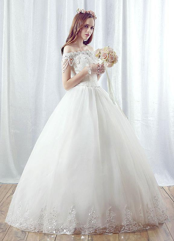Lace Wedding Dress Ball Gown Maxi Bridal Dress Off The Shoulder Backless Beading Tiered Chains White Princess Bridal Gown