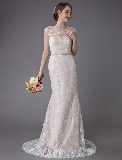 Lace Wedding Dress Champagne Jewel Sleeveless Backless Mermaid Beach Wedding Gown
