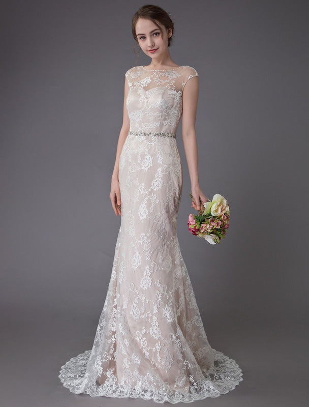 Lace Wedding Dress Champagne Jewel Sleeveless Backless Mermaid Beach Wedding Gown