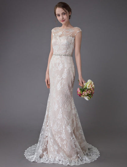 Lace Wedding Dress Champagne Jewel Sleeveless Backless Mermaid Beach Wedding Gown