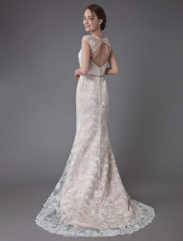 Lace Wedding Dress Champagne Jewel Sleeveless Backless Mermaid Beach Wedding Gown