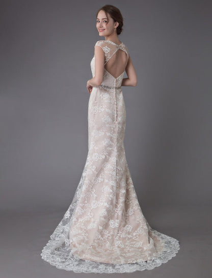 Lace Wedding Dress Champagne Jewel Sleeveless Backless Mermaid Beach Wedding Gown