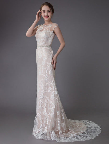Lace Wedding Dress Champagne Jewel Sleeveless Backless Mermaid Beach Wedding Gown