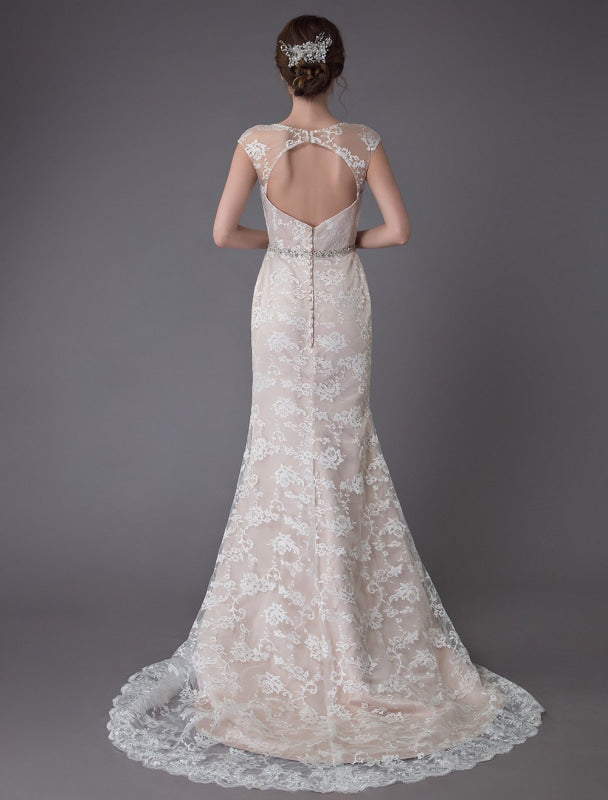 Lace Wedding Dress Champagne Jewel Sleeveless Backless Mermaid Beach Wedding Gown