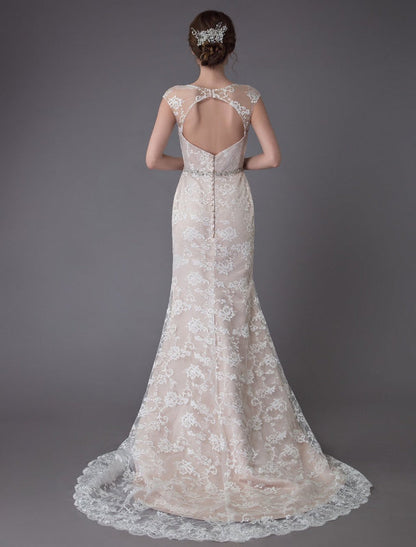 Lace Wedding Dress Champagne Jewel Sleeveless Backless Mermaid Beach Wedding Gown