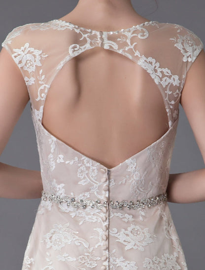 Lace Wedding Dress Champagne Jewel Sleeveless Backless Mermaid Beach Wedding Gown