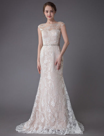 Lace Wedding Dress Champagne Jewel Sleeveless Backless Mermaid Beach Wedding Gown