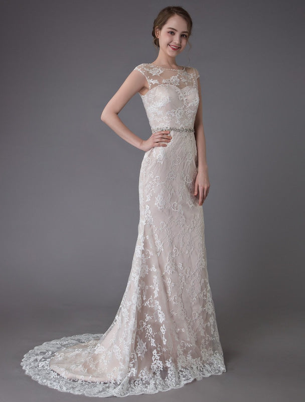 Lace Wedding Dress Champagne Jewel Sleeveless Backless Mermaid Beach Wedding Gown