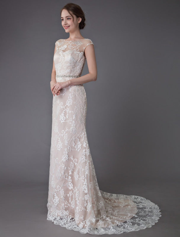 Lace Wedding Dress Champagne Jewel Sleeveless Backless Mermaid Beach Wedding Gown