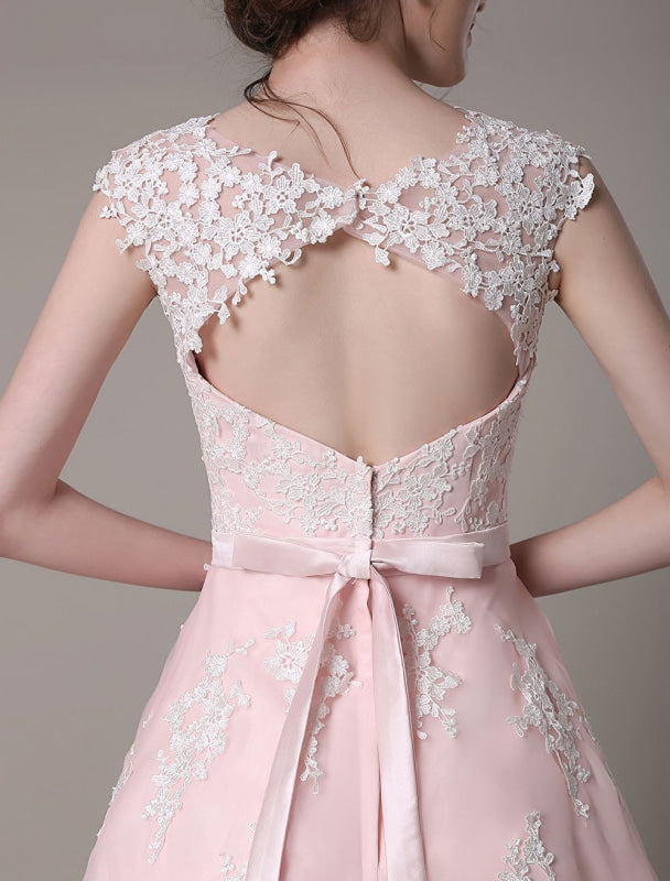 Lace Wedding Dress Cut Out Knee Length A-Line Bridal Dress With Satin Bow