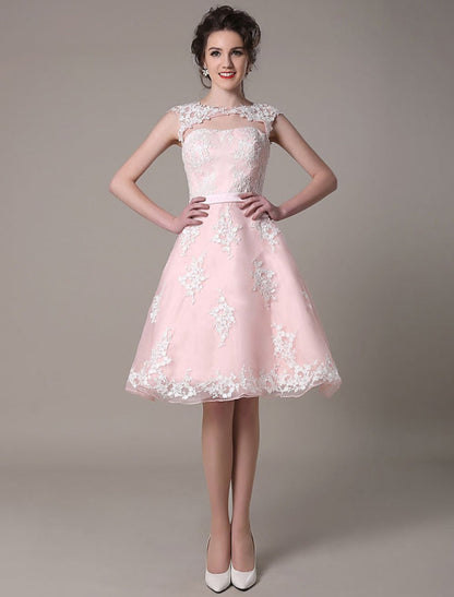 Lace Wedding Dress Cut Out Knee Length A-Line Bridal Dress With Satin Bow