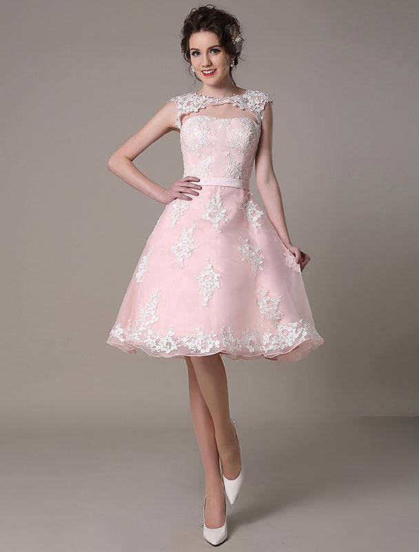 Lace Wedding Dress Cut Out Knee Length A-Line Bridal Dress With Satin Bow