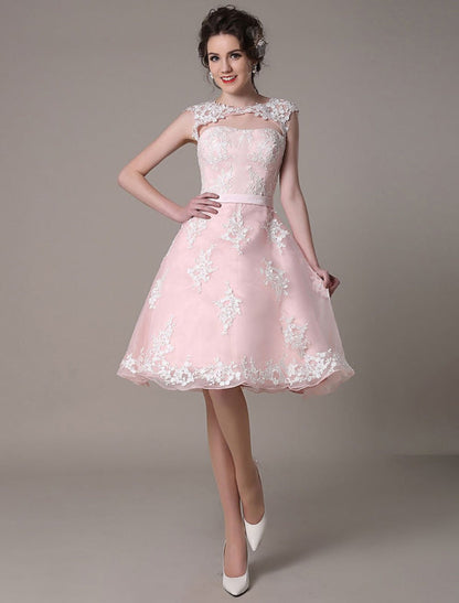 Lace Wedding Dress Cut Out Knee Length A-Line Bridal Dress With Satin Bow