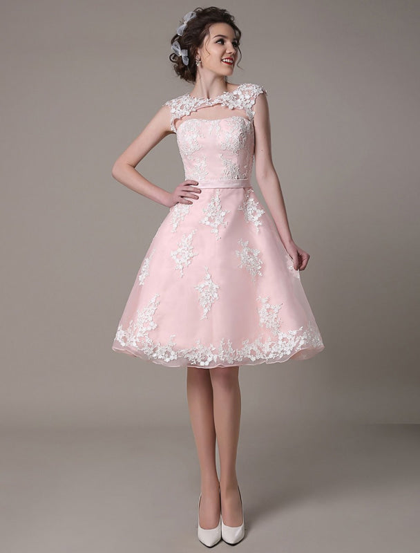 Lace Wedding Dress Cut Out Knee Length A-Line Bridal Dress With Satin Bow