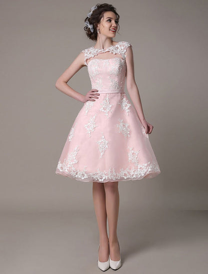 Lace Wedding Dress Cut Out Knee Length A-Line Bridal Dress With Satin Bow