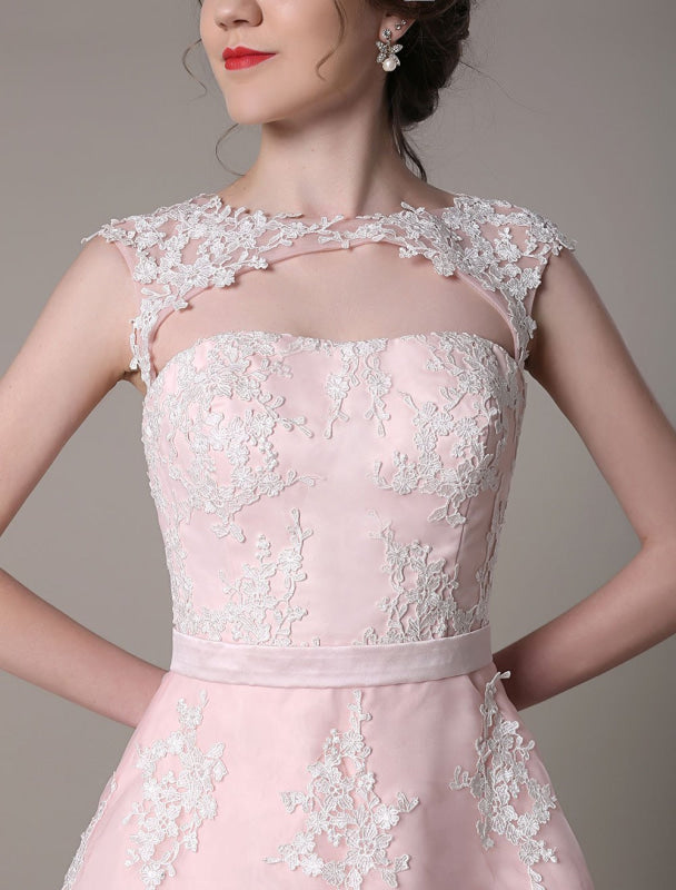 Lace Wedding Dress Cut Out Knee Length A-Line Bridal Dress With Satin Bow