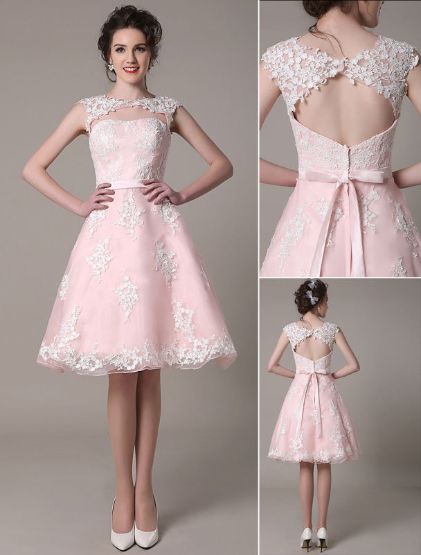 Lace Wedding Dress Cut Out Knee Length A-Line Bridal Dress With Satin Bow