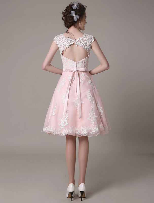 Lace Wedding Dress Cut Out Knee Length A-Line Bridal Dress With Satin Bow