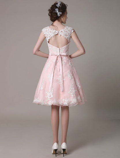 Lace Wedding Dress Cut Out Knee Length A-Line Bridal Dress With Satin Bow
