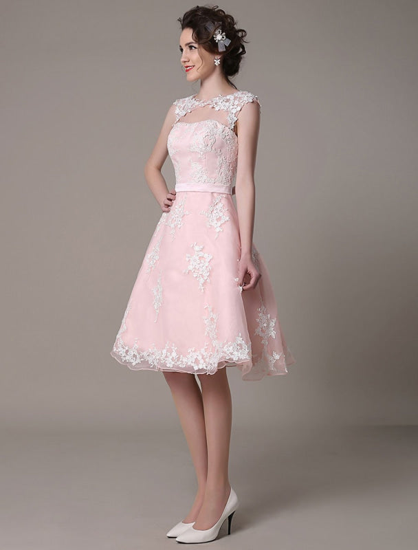 Lace Wedding Dress Cut Out Knee Length A-Line Bridal Dress With Satin Bow