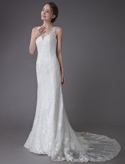 Lace Wedding Dress Ivory Illusion Sleeveless Beach Wedding Dress